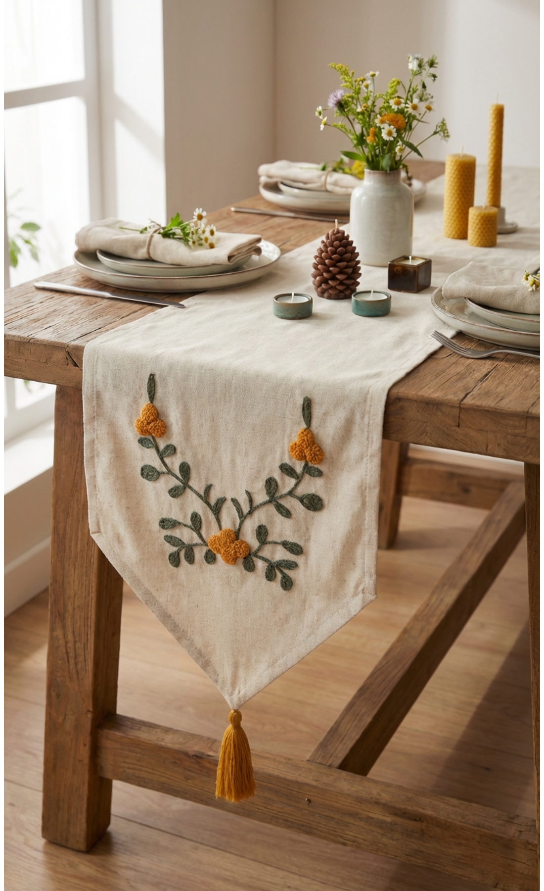Punch İşlemeli Çiçek Desenli Keten Dekoratif Vintage Bohem 140x35 Runner Masa Süsü Örtüsü