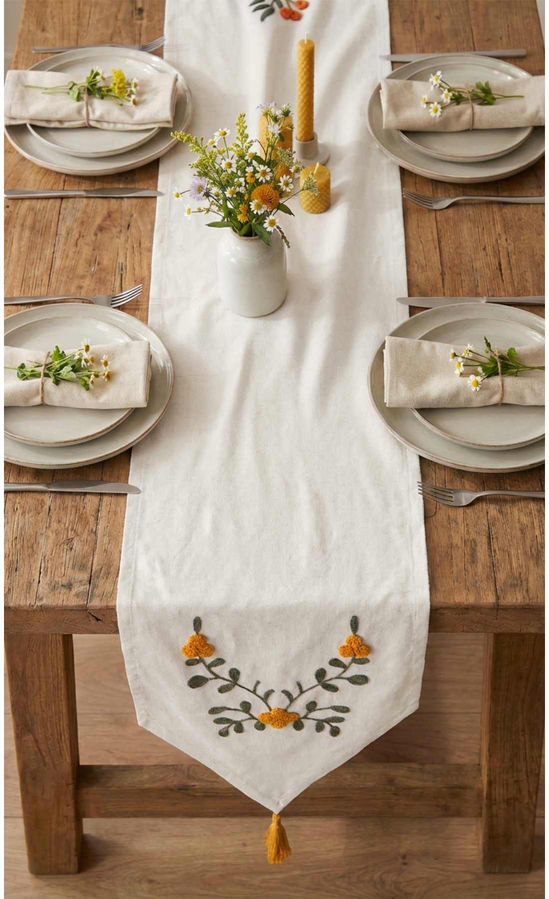 Punch İşlemeli Çiçek Desenli Keten Dekoratif Vintage Bohem 140x35 Runner Masa Süsü Örtüsü