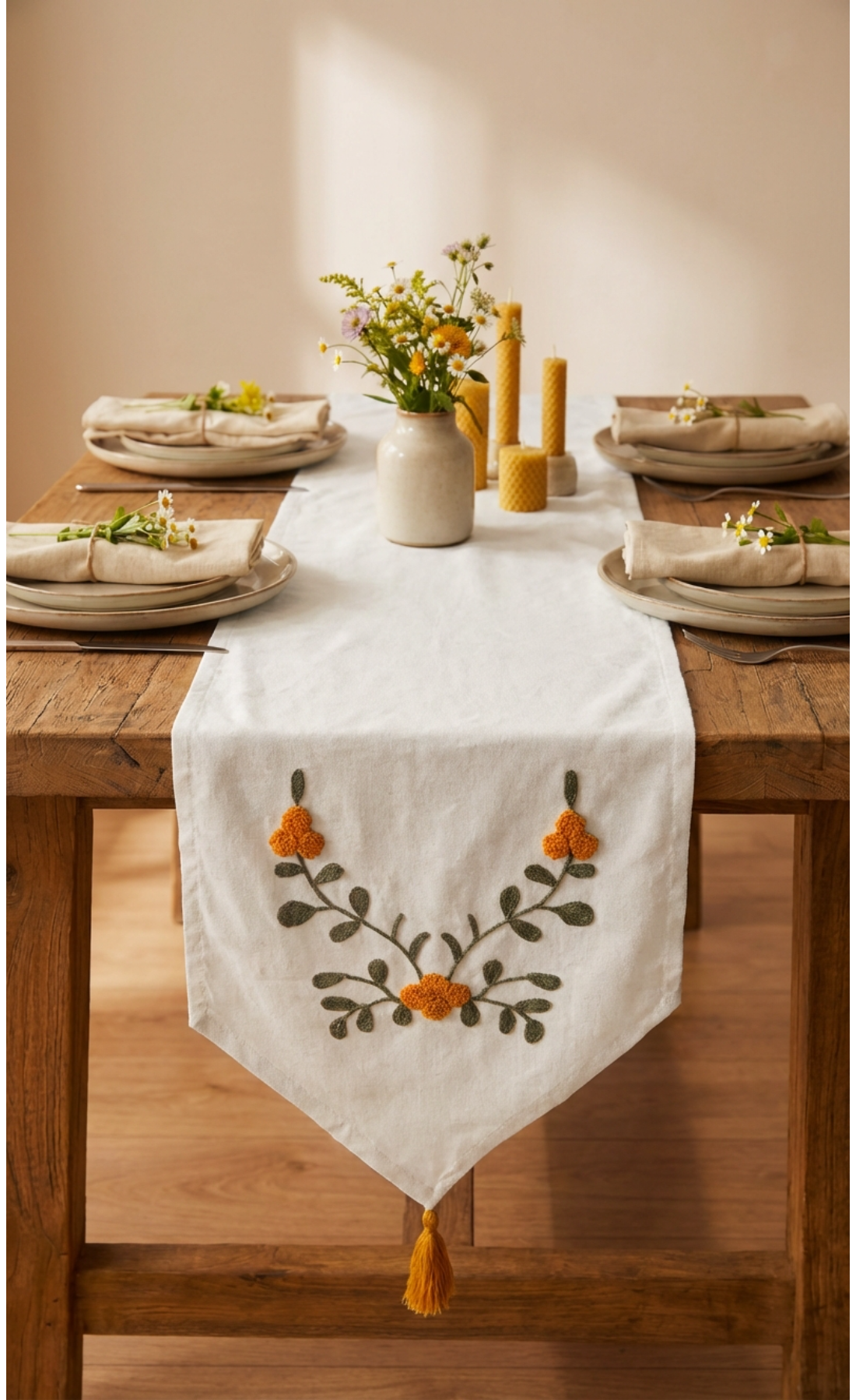 Punch İşlemeli Çiçek Desenli Keten Dekoratif Vintage Bohem 140x35 Runner Masa Süsü Örtüsü