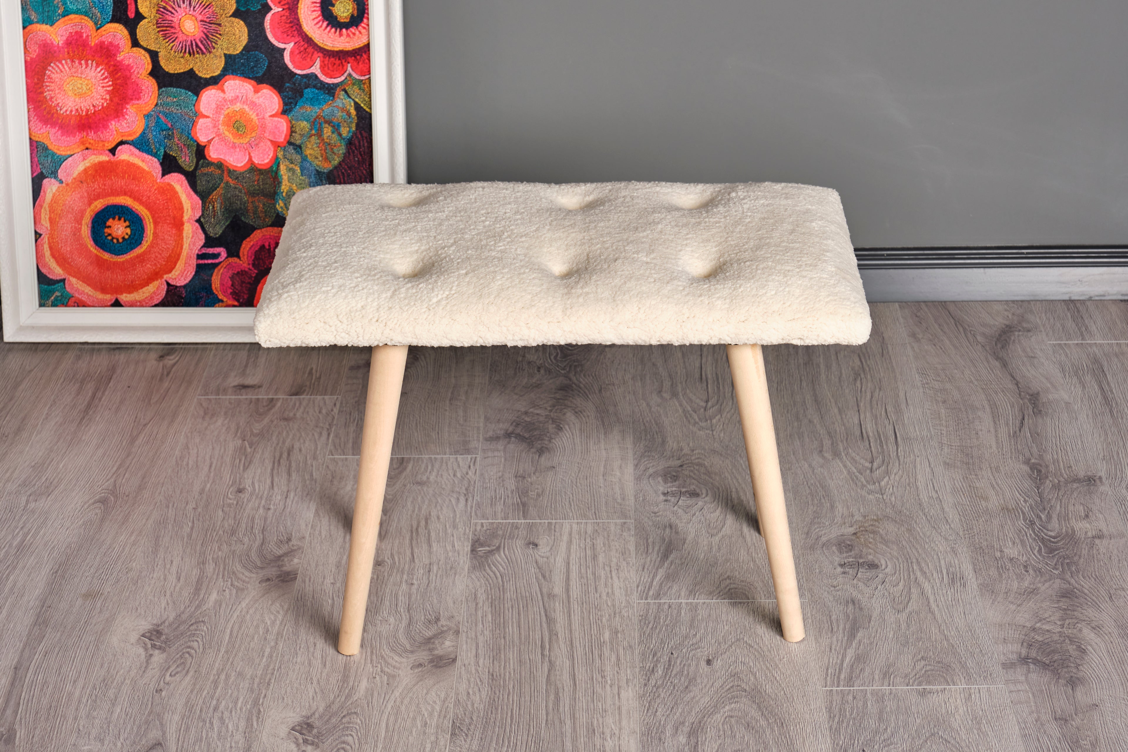 Retro Ahşap Ayaklı Handmade Çok Amaçlı Kuzu Tüyü Puf Bench Koltuk Sandalye 35*60*42