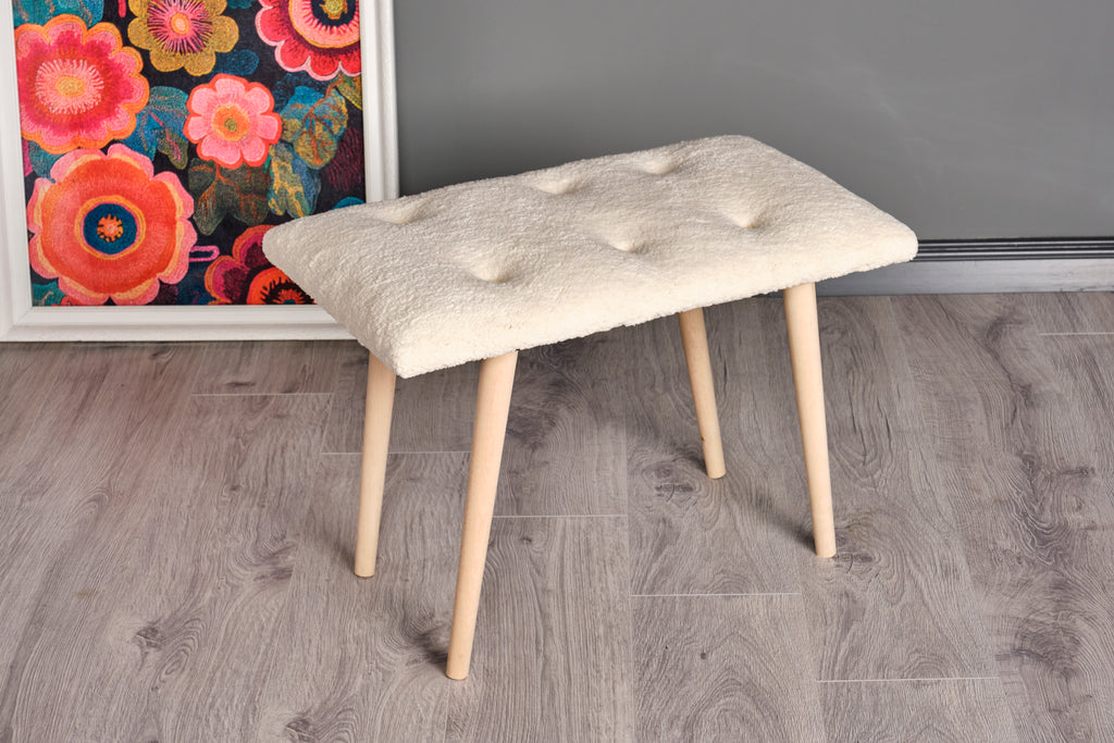 Retro Ahşap Ayaklı Handmade Çok Amaçlı Kuzu Tüyü Puf Bench Koltuk Sandalye 35*60*42