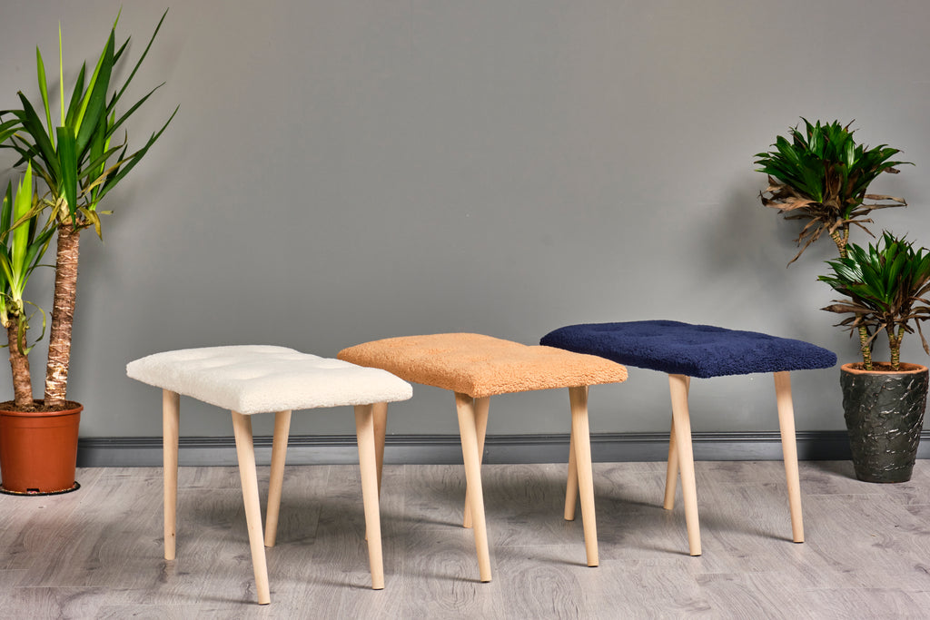 Retro Ahşap Ayaklı Handmade Çok Amaçlı Kuzu Tüyü Puf Bench Koltuk Sandalye 35*60*42